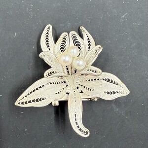 Vintage Silver Filigree Flower Brooch Faux Pearl 1.5" Marked‎ SILVER Antique
